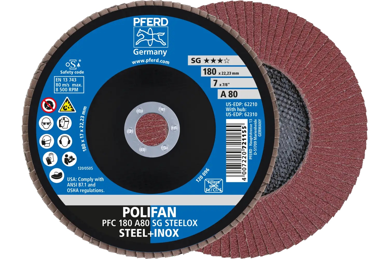 Picture of Pferd Flap Disc, 7" x 7/8, A SG Steelox, 80 Grit, T29, Conical, Aluminum oxide